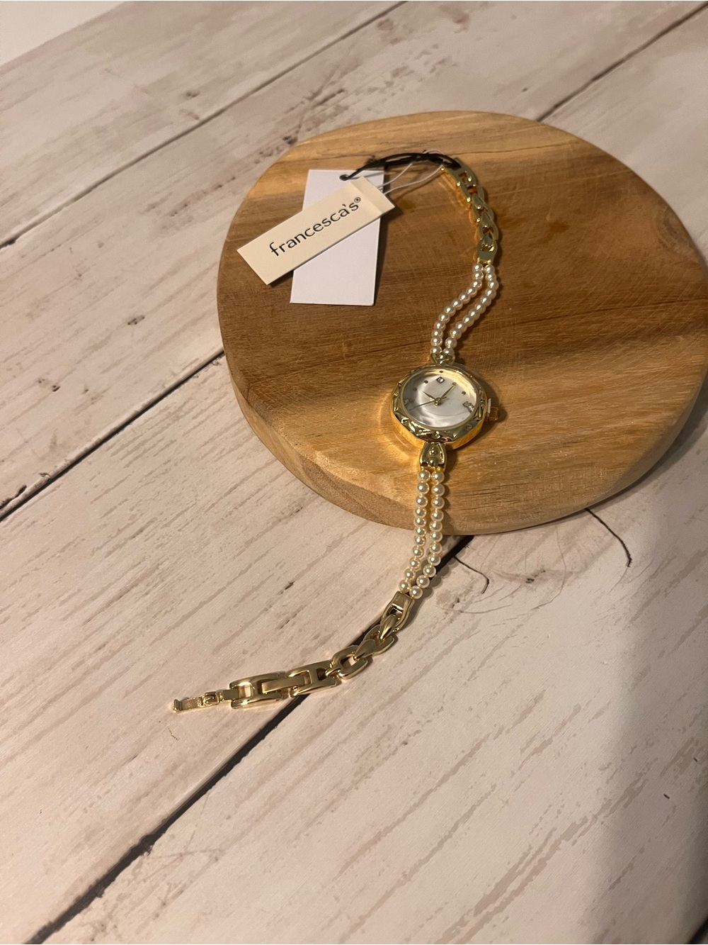Francesca's Collections Gold and White Pearl Accent Bracelet Watch
